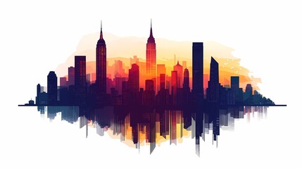 Vibrant City Skyline Illustration: Silhouette Art of Urban Landscape at Sunset with Reflections