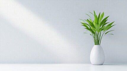 Minimalist plant in a vase against a light wall. Sunlight streams in