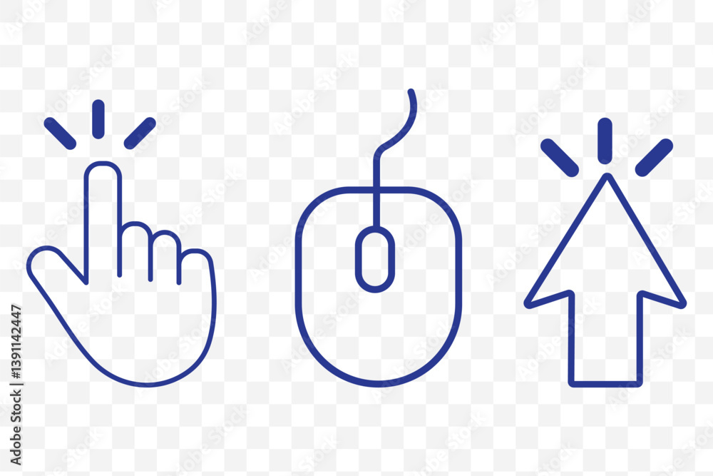 Poster cursor click, computer mouse icon set, vector arrow collection