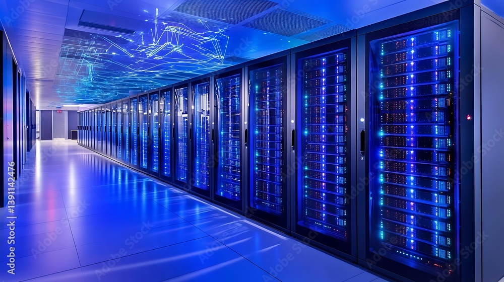 Poster modern server room with rows of network equipment. futuristic, illuminated cabinets with data flowin