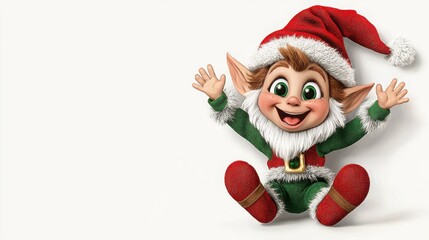 Marionette toy elf with red hat and green pants in playful pose mid-leap in a colorful setting