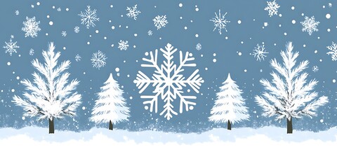 Winter Scene with Snowflakes and Trees