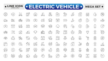 Electric Vehicle outline icons set. electric vehicle charging station, EV plug, bus, motorcycle, energy recovery, smart e car. Editable stroke outline icon.