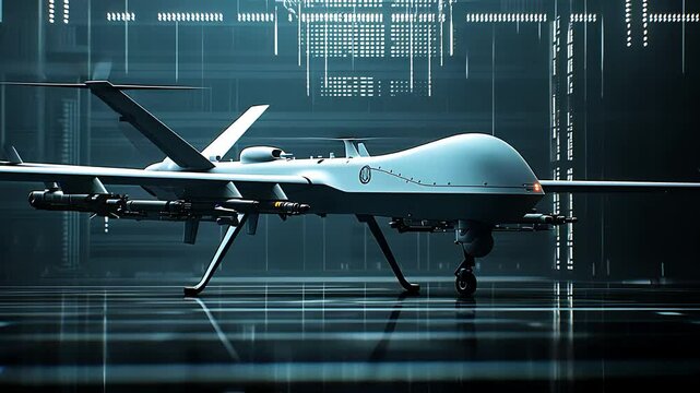 Unmanned Aerial Vehicle (UAV) Drone on Display in High-Tech Environment

