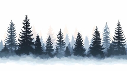 Mystical Forest Landscape: Tranquil Pine Silhouettes in a Misty Winter Wonderland