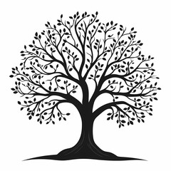 Black Silhouette Tree with Lush Greenery Foliage - Nature Art Illustration & Leafy Graphic Design