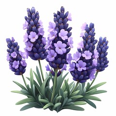 Lavender Blooms. Botanical Illustration of Vibrant Purple Flowers with Greenery in a Whimsical Garden Design