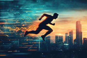 Runner in motion with digital speed effect Modern cityscape in background