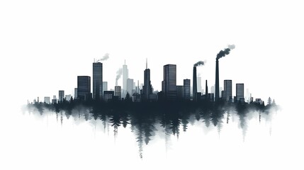 Urban Skyline Silhouette. Modern Black and White Industrial Cityscape Illustration with Smoke and Eco-Friendly Contrast