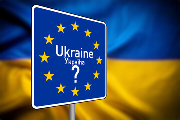 Flags of Ukraine and European Union and shield with a question mark for the unknown date of accession to the EU