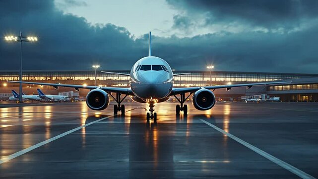 Modern airplane parked on the tarmac at dusk, ready for departure on a rainy evening