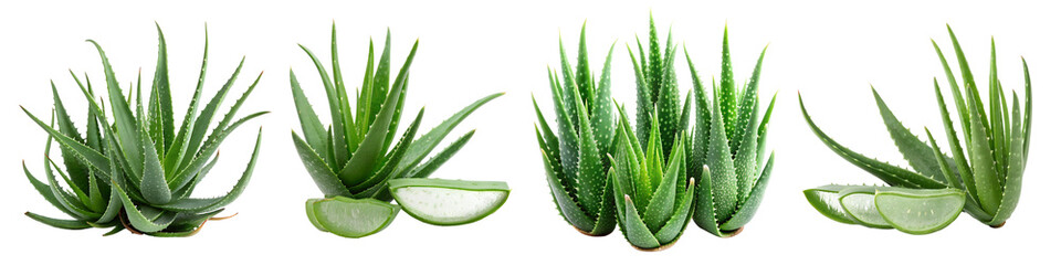 Green aloe vera plant isolated on a transparent background.