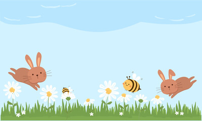 Happy Easter wallpaper with bunny rabbit cartoon, daisy flower, bee, green grass on blue sky background vector.
