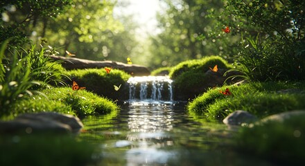 Fototapeta premium Serene Forest Stream with Butterflies