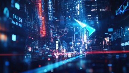 Futuristic cityscape with financial data overlays.  Dynamic urban street scene blending technology and finance.  High-tech arrow indicates growth.  Abstract, vivid lighting highlights data points