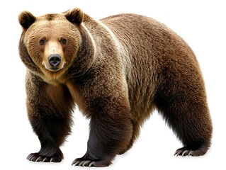 A large brown grizzly bear standing on a clean white background