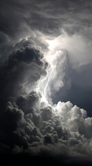 Obraz premium A single, powerful lightning bolt cuts across a dark, brooding sky, illuminating rain - single heavenly awe-inspiring intense electricity