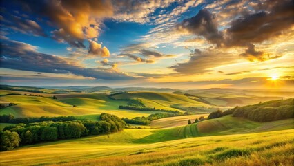Obraz premium Golden Hour Serenity Rolling Hills Basking in the Warm Glow of a Sunset