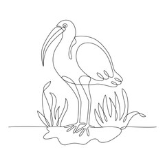 Ibis, drawn with continuous line in minimalism, abstract, exotic bird, grass, tattoo, wall art, tropical decor, print for t-shirt, one line, editable vector contour
