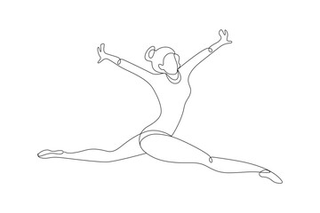 Gymnast girl, drawn with continuous line in minimalism, abstract, artistic gymnastics, healthy body, sports competitions, poster decor, print for t-shirt, one line, editable vector contour