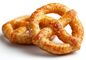 Two Small Orange Brown Sugar Sprinkled Pretzels on White Background