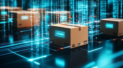 Modern package tracking, automated logistics.  Digital delivery system, real-time shipment