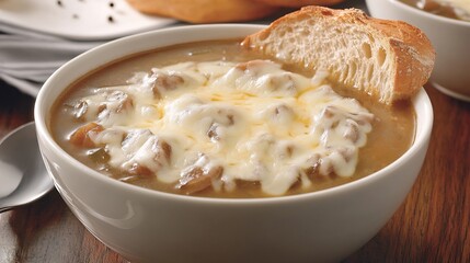 Bowl of French onion soup topped with melted cheese and a slice of baguette