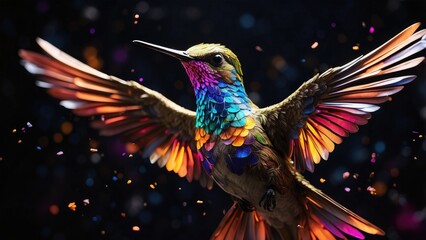 Obraz premium A vibrant, digitally rendered hummingbird is depicted mid-flight against a dark background