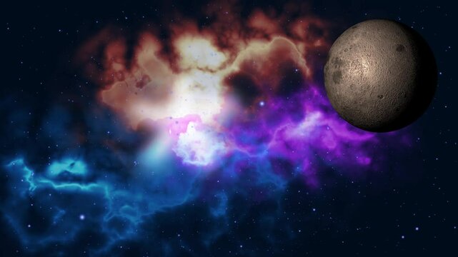 3d space animation with colorful nebulae and moon. Background for science content and meditation music.