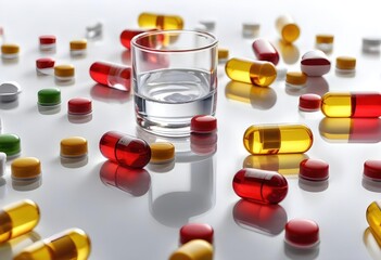 Glass of Water with Colorful Capsules and Tablets