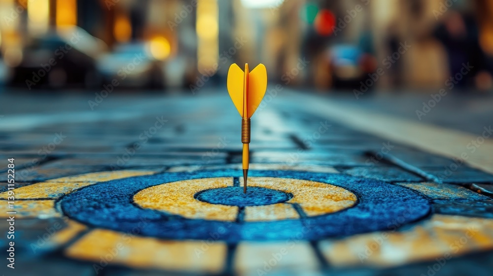 Poster a vibrant yellow dart embedded in a blue and orange target on a wet city street. with blurred urban 