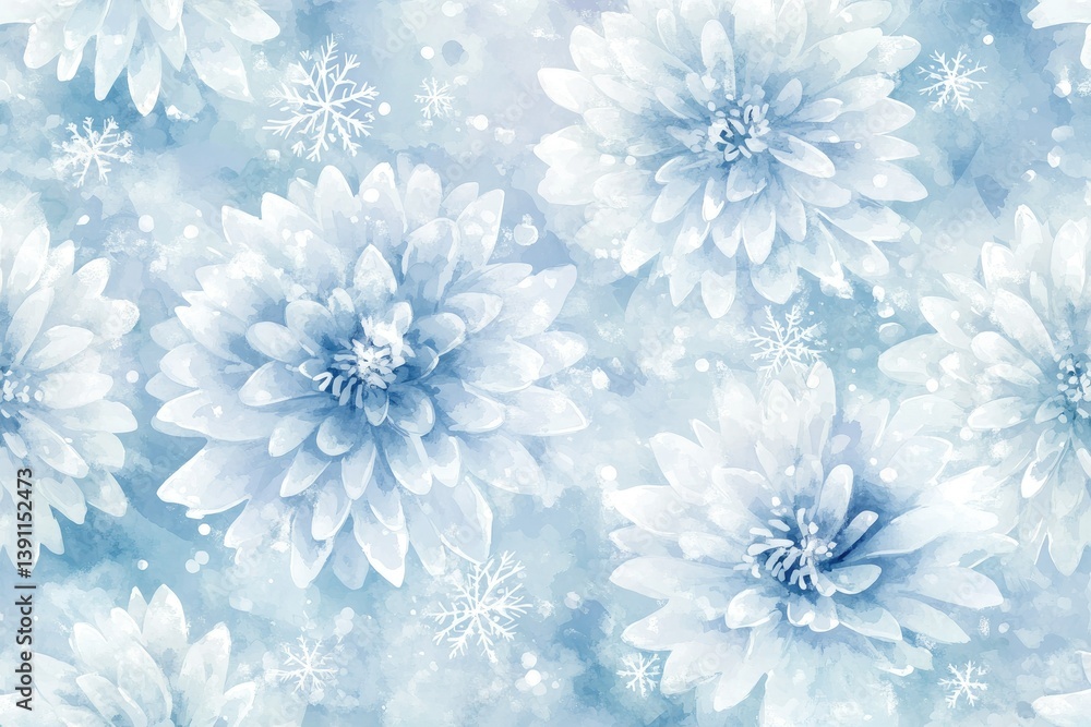 Poster a serene blue floral pattern featuring large. delicate flowers and subtle snowflake designs. creatin