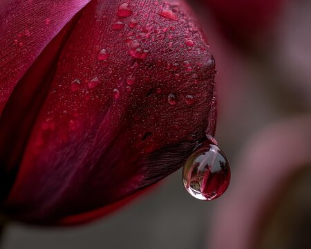 A single tear-shaped water droplet clinging to a vibrant red flower petal - close-up vibrant fragile