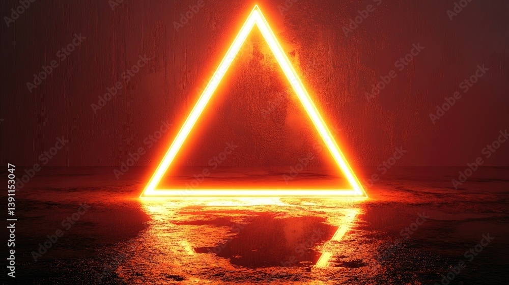 Poster a glowing neon triangle illuminated against a wet urban surface. creating a vibrant reflection. with