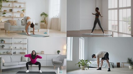 A diverse group of athletic individuals perform various fitness activities in bright, comfortable home environments.