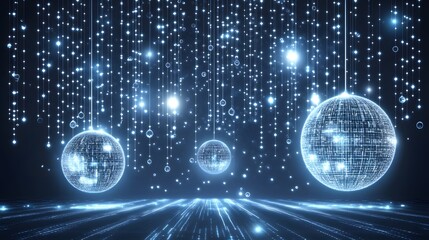 Illuminated sphere decorations hanging with glowing trails in a dark space