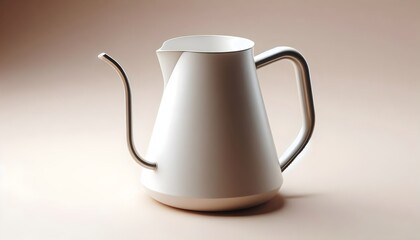Blank pour-over coffee kettle with gooseneck spout and minimalist design isolated on beige background. Ideal for showcasing modern kitchen accessories and slow-living lifestyle themes.
