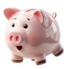 3D financial icon, pink glossy piggy bank with surprised expression on transparent background representing saving, finance, and budgeting.