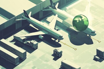 Aerial view of airport terminal with planes and cargo trucks.  Modern, stylized illustration of global transport hub