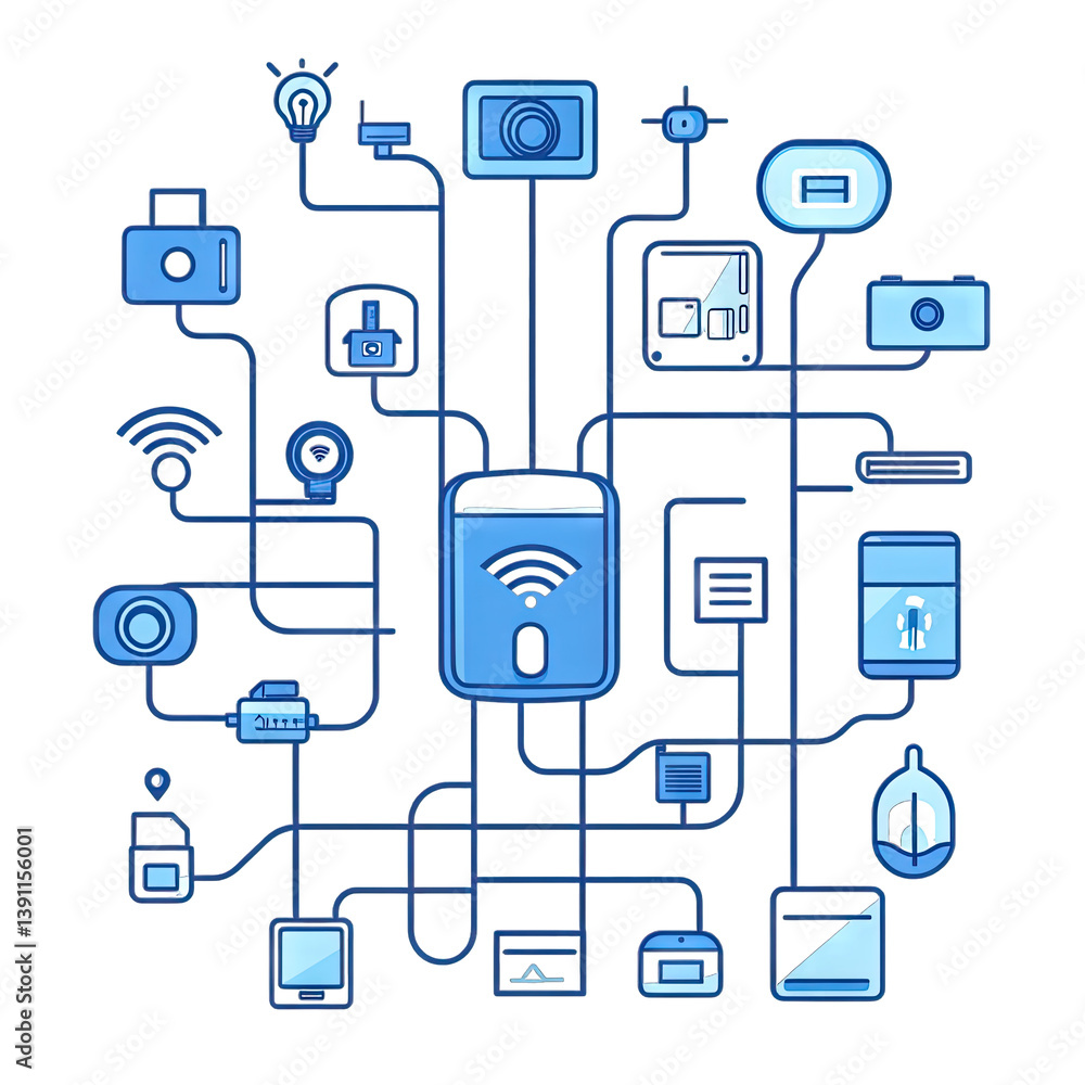 Poster network of interconnected devices and technology symbols representing the concept of the internet of