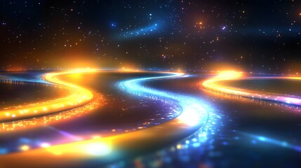 Glowing light trails on a starry night sky landscape