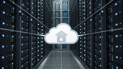 Data Lake Data Lakehouse Data Warehouse Cloud Computing Network A data center with servers and a cloud icon representing cloud storage.