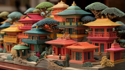 Miniature Asian Architecture: Intricate Wooden Model with Vibrant Pagoda and Traditional Artistic Design
