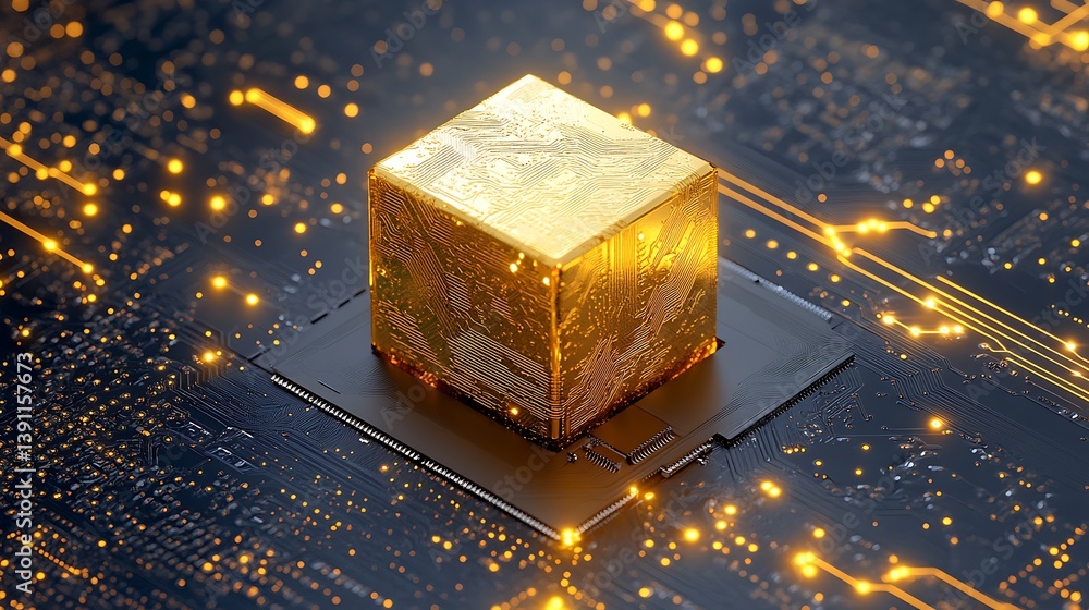 Poster golden cube on circuit board, glowing with inner light. detailed digital rendering of technology and