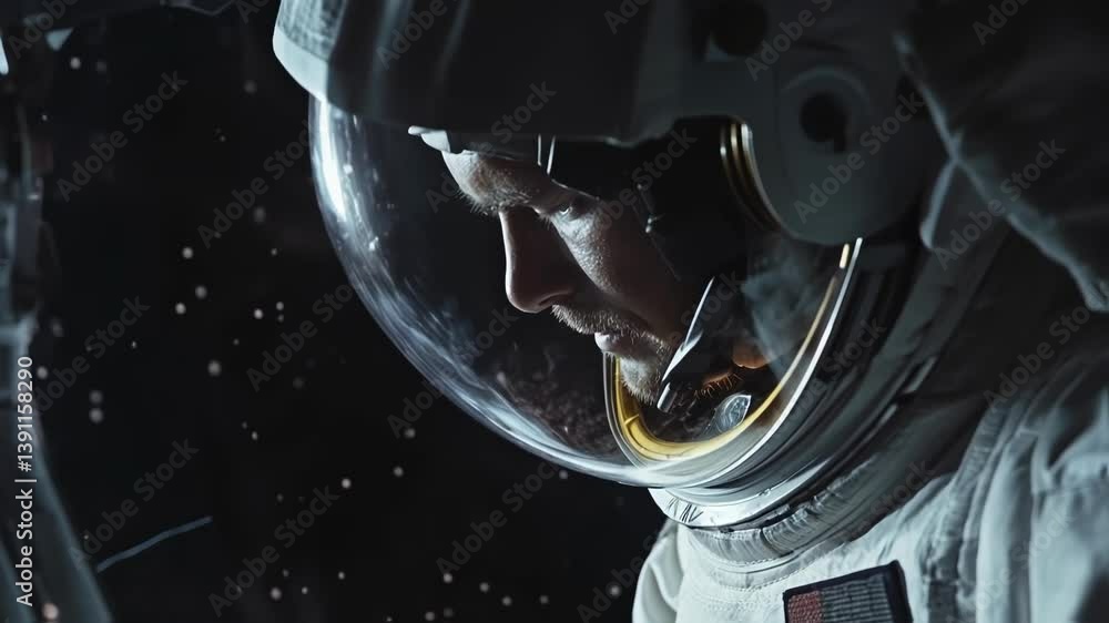 Poster astronaut in a spacesuit floats in the vast expanse of space, his head bowed as if in contemplation,