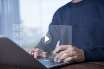 multimedia OTT, content on digital technology. concept of watching live video streams on a computer laptop, training, and education. Watch videos on social media platforms