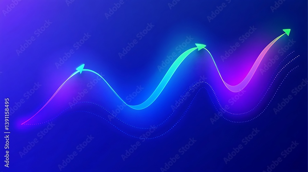 Poster abstract graphic of rising trends. fluctuating data points represented by vibrant, glowing neon line