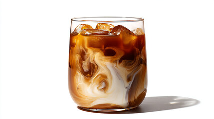 Glass of iced coffee with milk swirl on clean white background