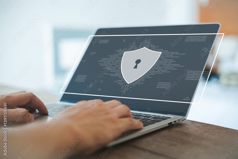Aufkleber laptop shows the icon lock shield for cybersecurity. concept of secure privacy data, protect cybercr