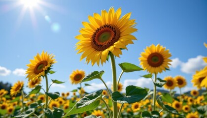 Obraz premium Solar Power Create a whimsical concept where sunflowers are depicted as solar panels, collecting sunlight on a bright day.
